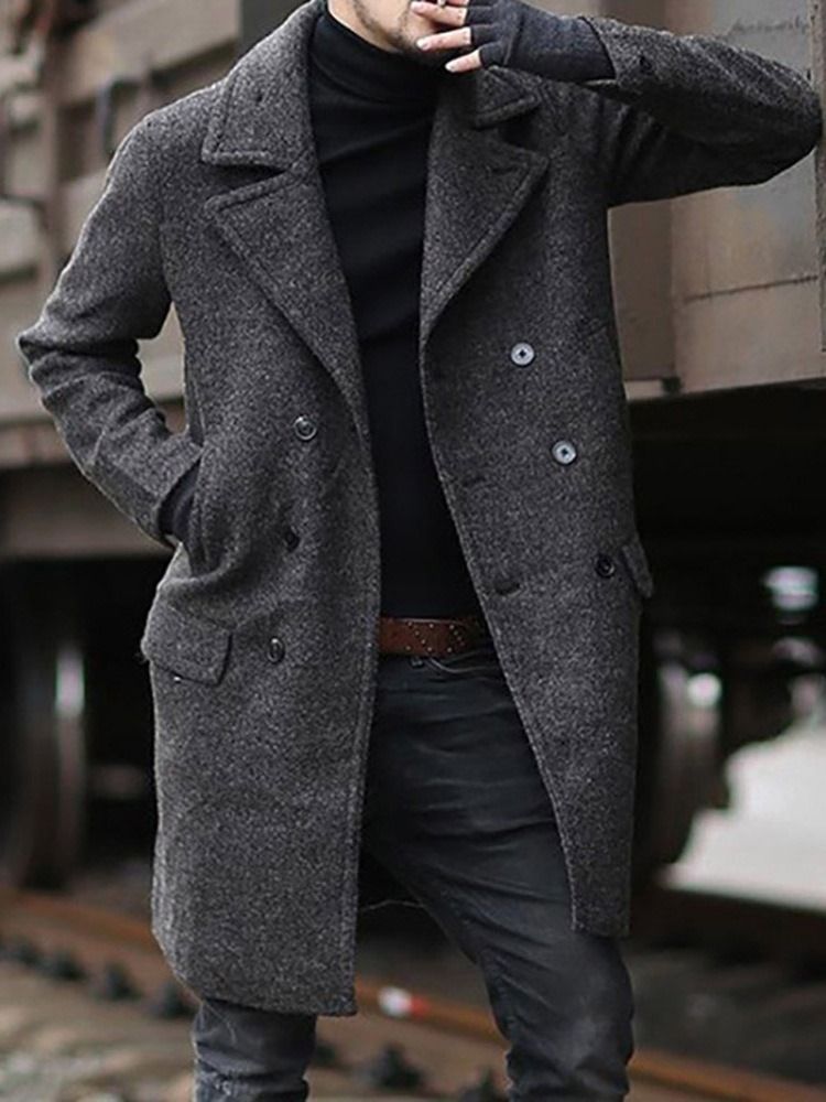 Notched Revers Plain Mid-length Herre Slim Double-breasted Coat