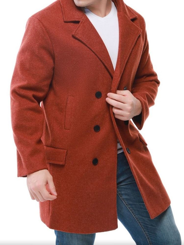 Notched Revers Plain Mid-length Herre Slim Double-breasted Coat