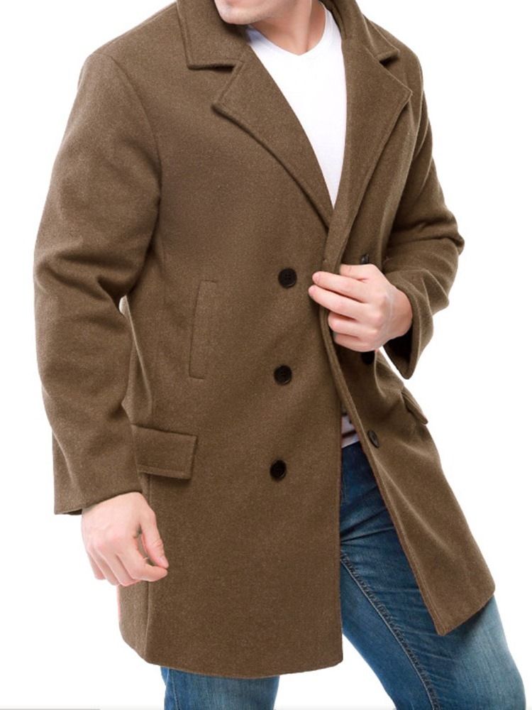 Notched Revers Plain Mid-length Herre Slim Double-breasted Coat