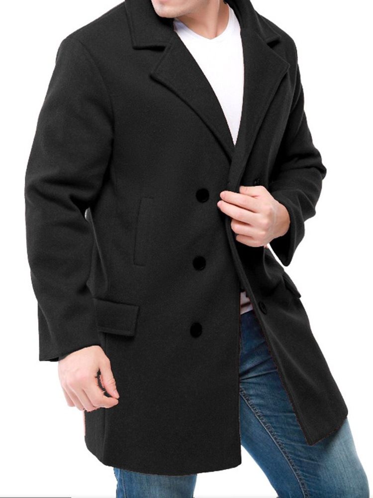 Notched Revers Plain Mid-length Herre Slim Double-breasted Coat