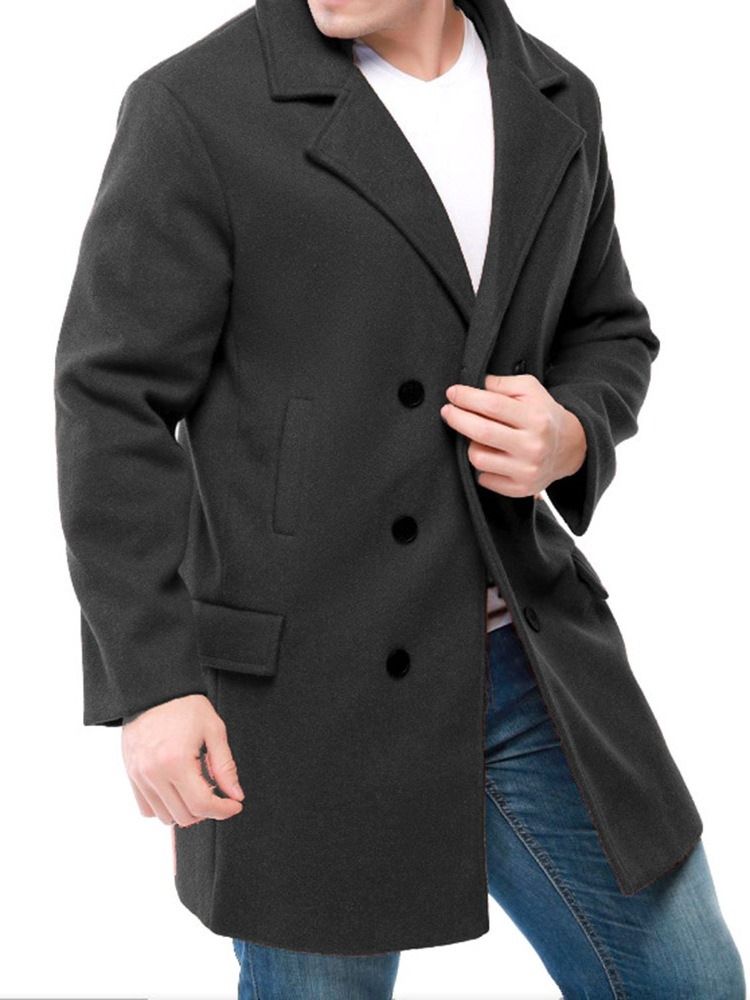 Notched Revers Plain Mid-length Herre Slim Double-breasted Coat