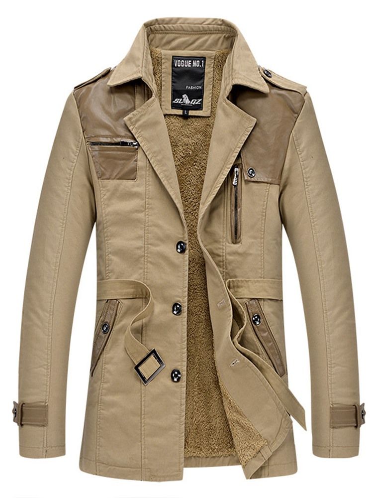 Notched Revers Solid Color Patchwork Men's Trench Coat