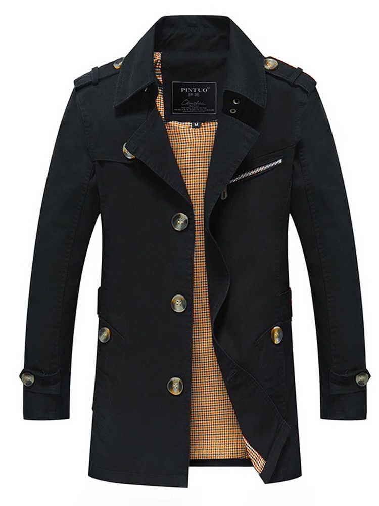 Plain Button Slim Mid-length Mens Casual Trench Coat