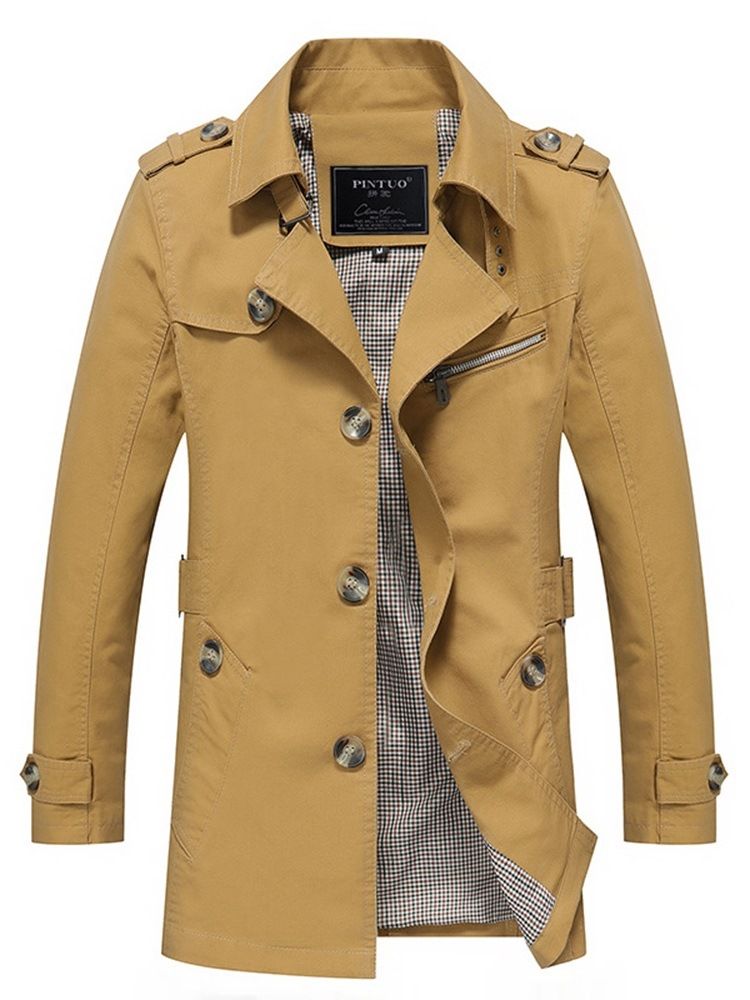 Plain Button Slim Mid-length Mens Casual Trench Coat