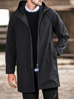 Plain Hooded Mid-length Casual Straight Men's Trench Coat