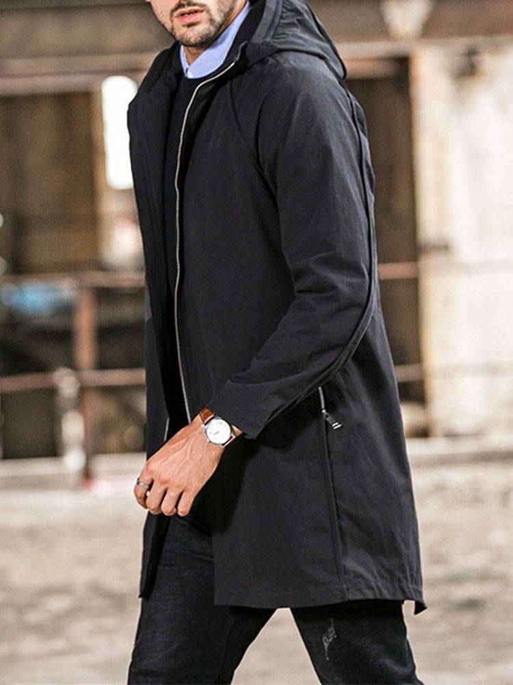 Plain Hooded Mid-length Casual Straight Men's Trench Coat