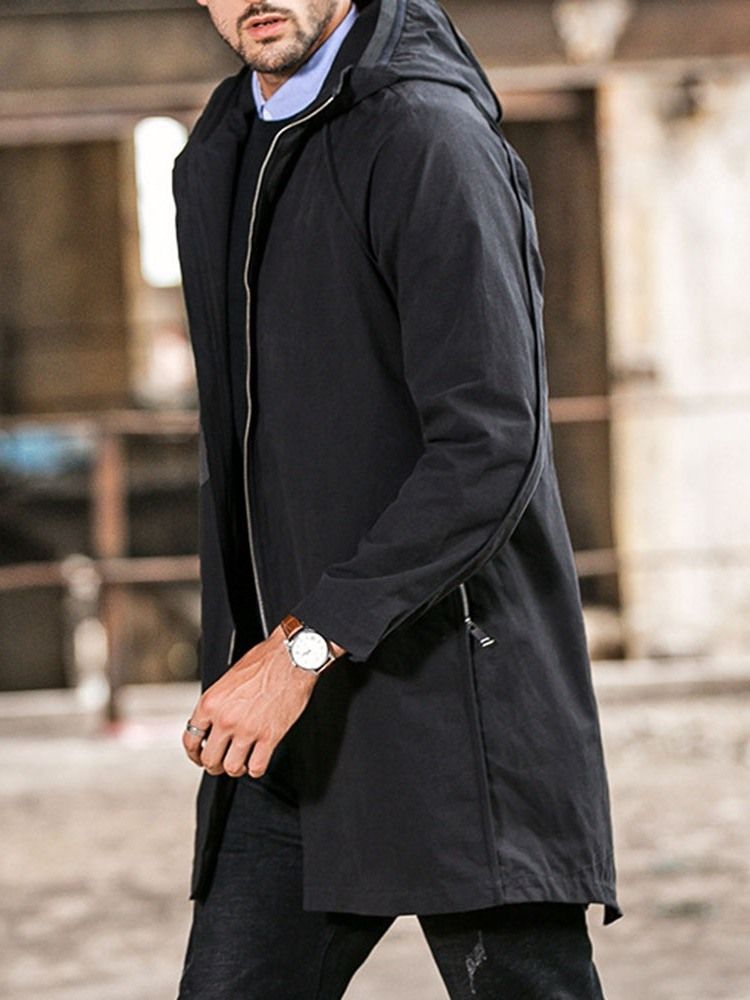 Plain Hooded Mid-length Casual Straight Men's Trench Coat