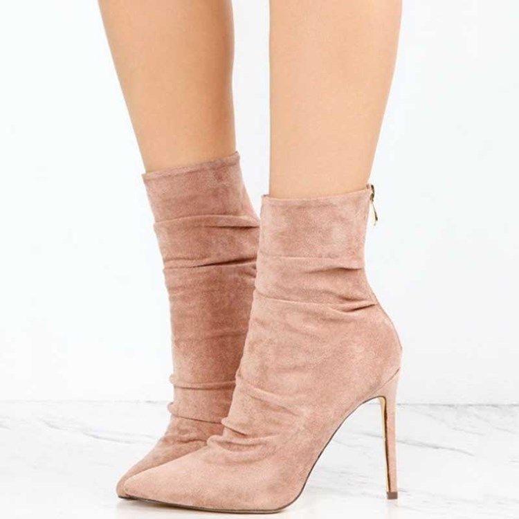 Faux Suede Back Zip Pointed Toe Stiletto Heel Kvinders Ankelstøvler