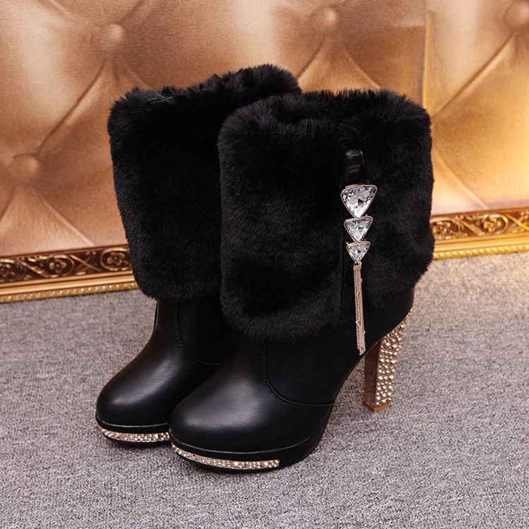 Fuzzy Rhinestone Slip-on Chunky Heel Boots Til Kvinder