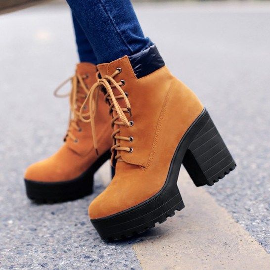 Kvindemode Lace-up Chunky Heel Boots