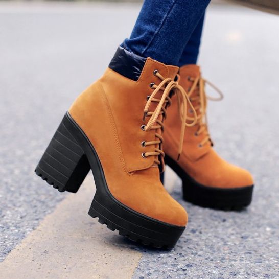 Kvindemode Lace-up Chunky Heel Boots