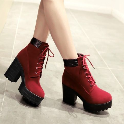 Kvindemode Lace-up Chunky Heel Boots