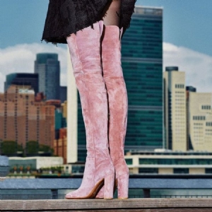 Kvindemode Pink Velvet Chunky Heel High Boots Med Lår