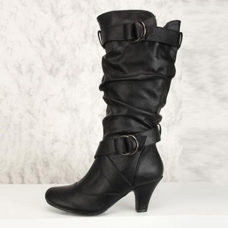 Kvinder Side Lynlås Chunky Heel Calf High Slouchy Boots