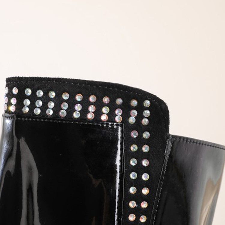 Kvinder Side Lynlås Rund Tå Chunky Heel Rhinestone Støvler