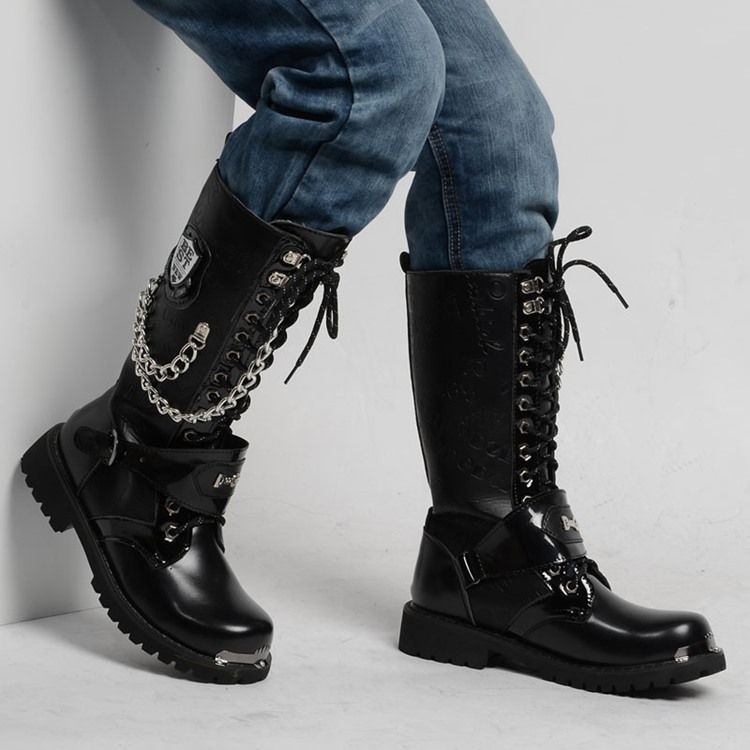 Plain Chain Lace-up Front Round Toe Herrestøvler