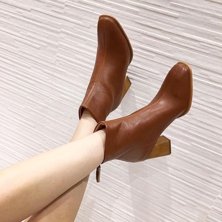 Plain Round Toe Chunky Heel Simple Women's Ankel Boots