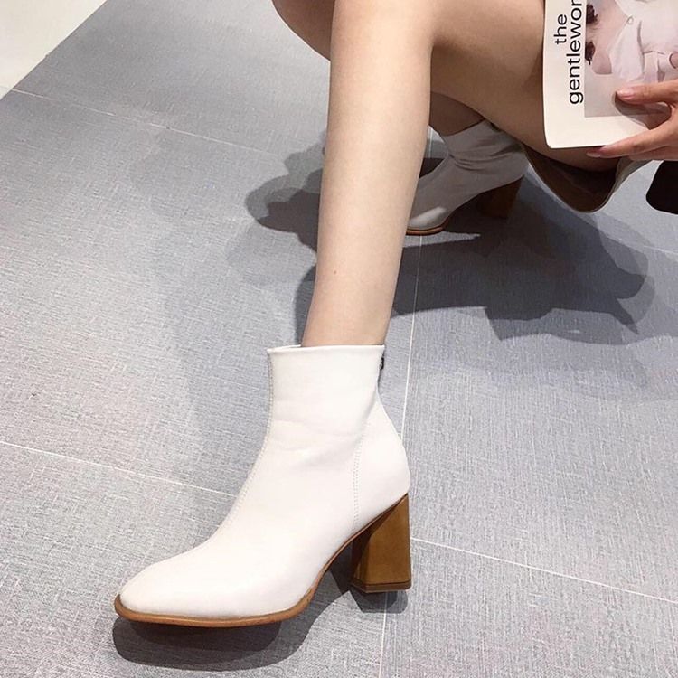 Plain Round Toe Chunky Heel Simple Women's Ankel Boots