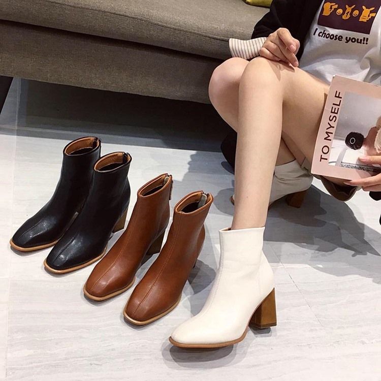 Plain Round Toe Chunky Heel Simple Women's Ankel Boots