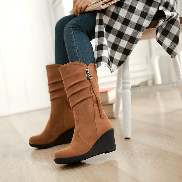 Round Toe Plain Wedge Heel Kvinder Støvler