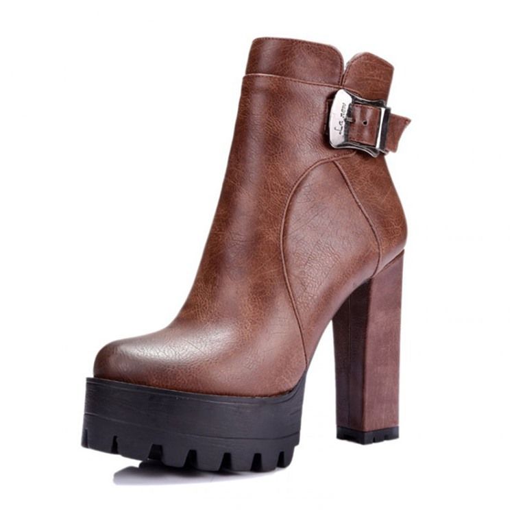 Round Toe Platform Chunky Heel Side Lynlås Kvinders Ankelstøvler