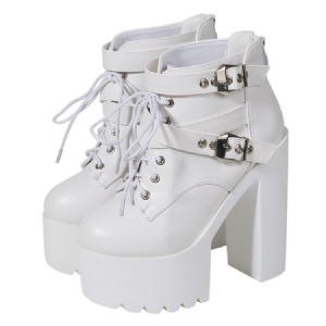 Tilbage Zip Round Toe Platform Chunky Heel Cross Strap Kvinders Støvler