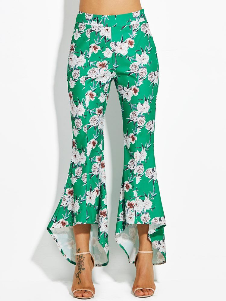 Color Block Floral Print Wide Legs Bukser Til Kvinder