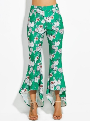 Color Block Floral Print Wide Legs Bukser Til Kvinder