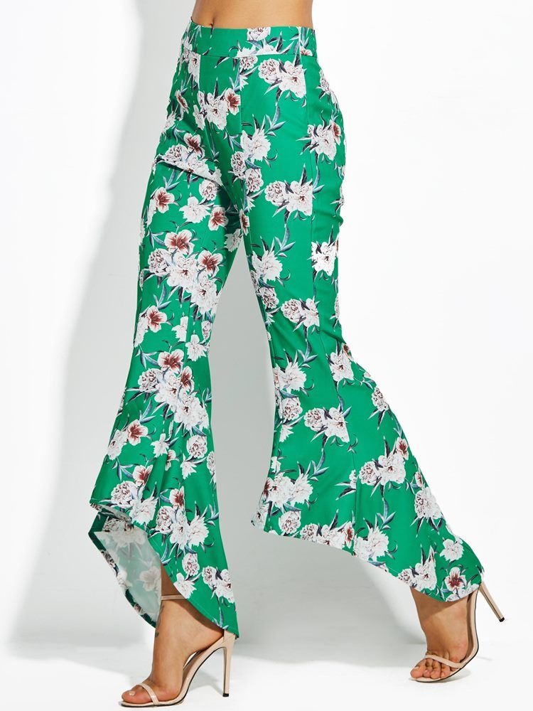 Color Block Floral Print Wide Legs Bukser Til Kvinder