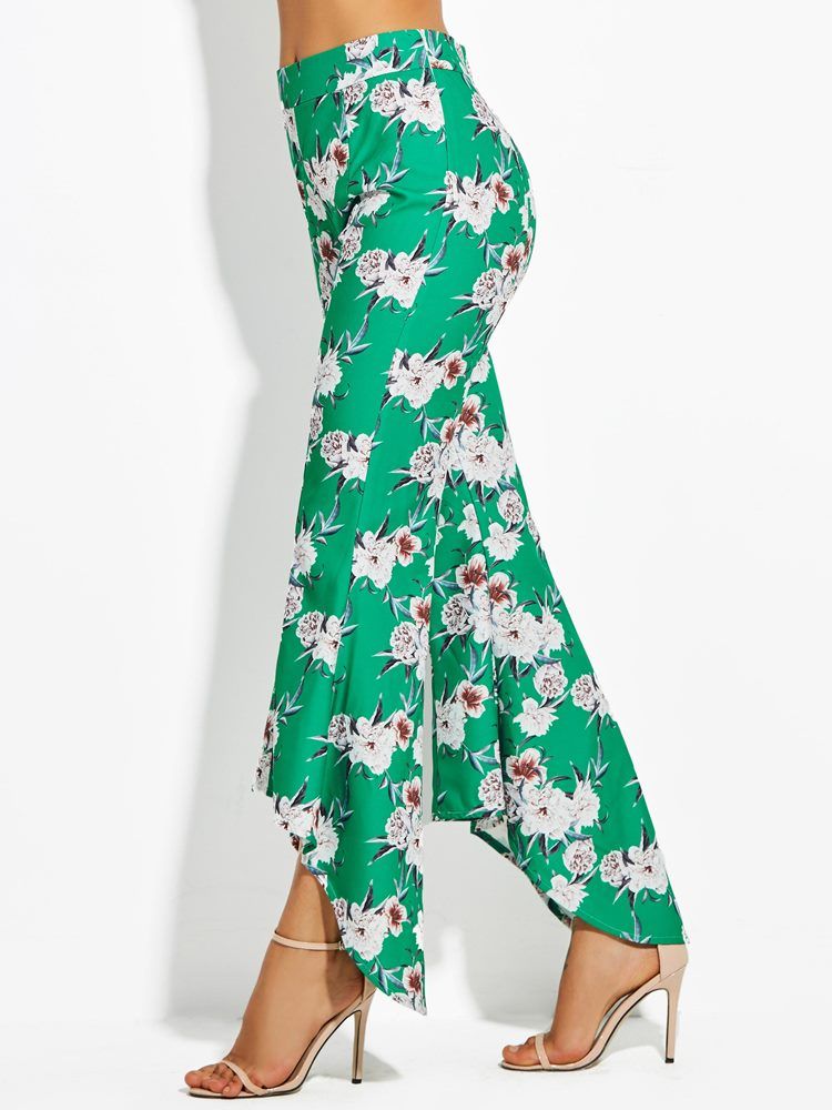 Color Block Floral Print Wide Legs Bukser Til Kvinder