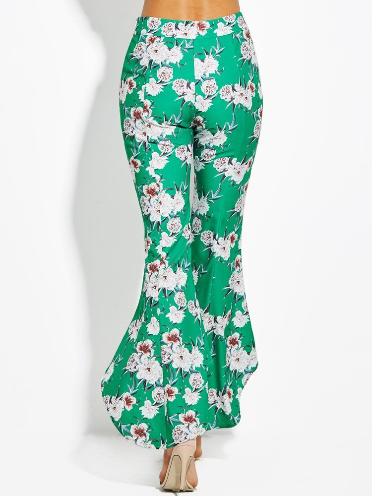 Color Block Floral Print Wide Legs Bukser Til Kvinder