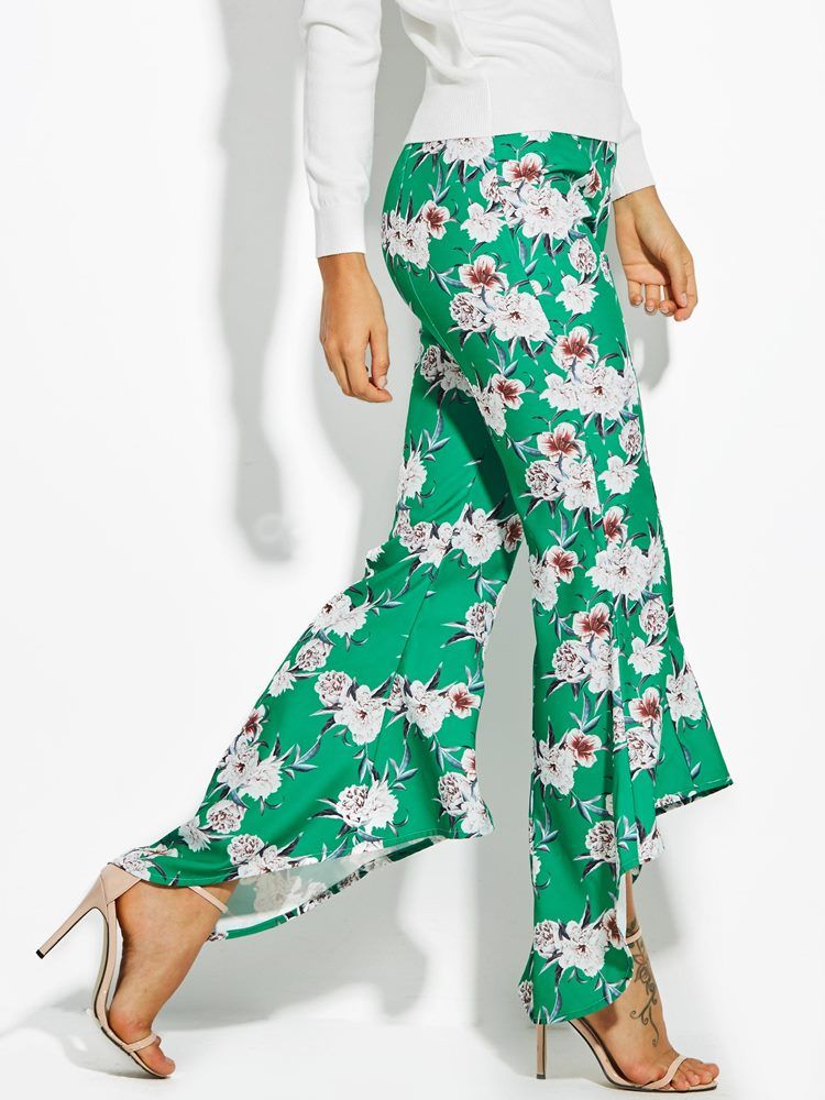 Color Block Floral Print Wide Legs Bukser Til Kvinder