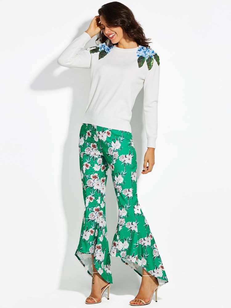 Color Block Floral Print Wide Legs Bukser Til Kvinder