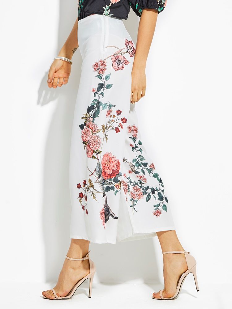 High-waist Cropped Flower Print Women's Pants