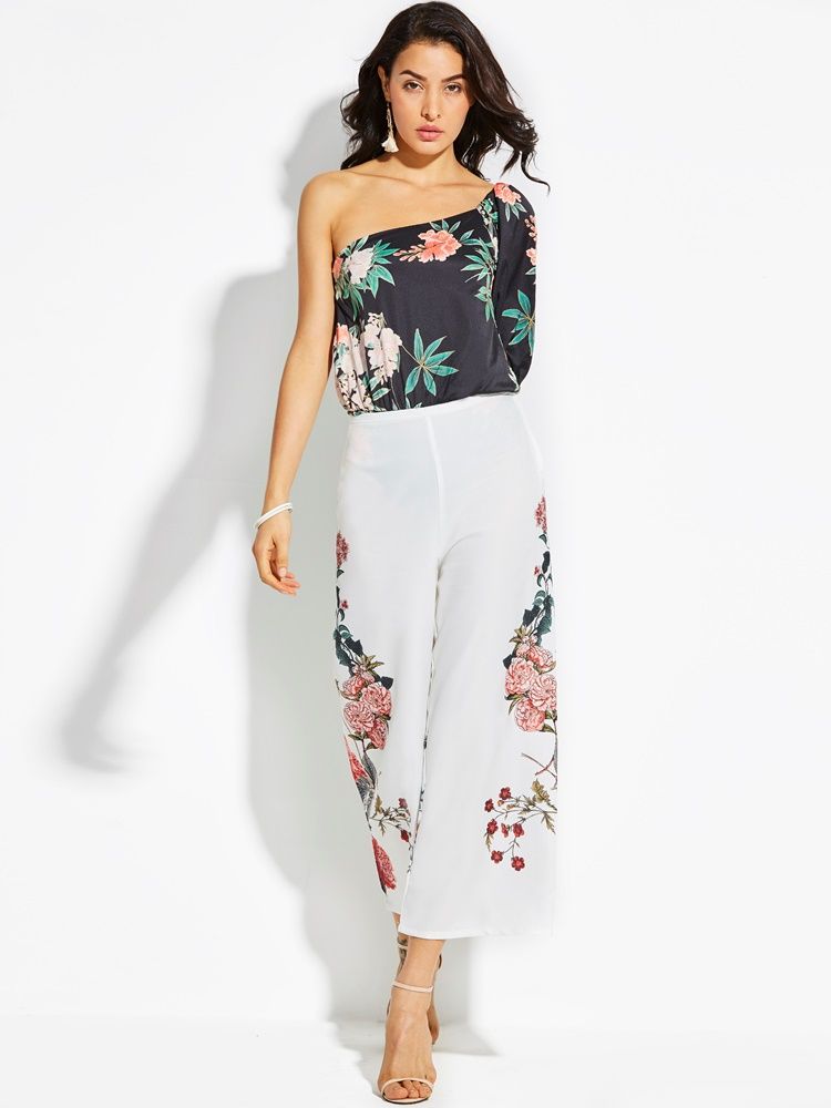 High-waist Cropped Flower Print Women's Pants