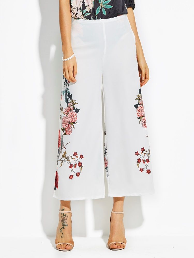 High-waist Cropped Flower Print Women's Pants