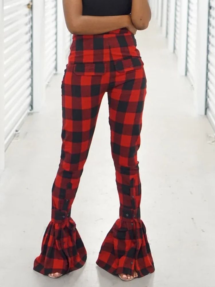 Kvinders Plaid Slim High Waist Full Length Casual Bukser