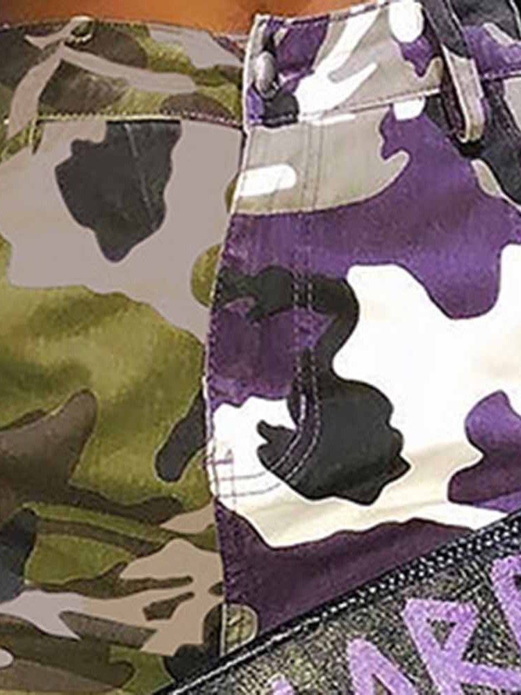 Kvinders Print Farveblok Camouflage Høj Talje Patchwork Casual Bukser