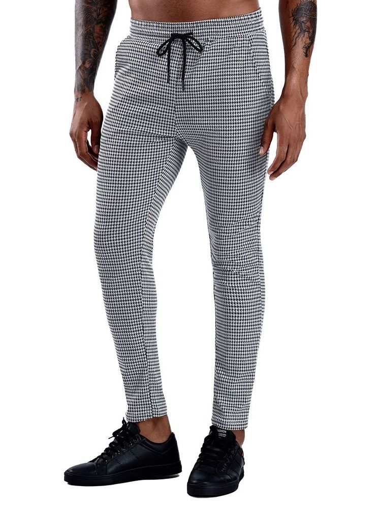 Lace-up Pencil Pants Plaid Lace-up Mid Waist Men's Casual Pants