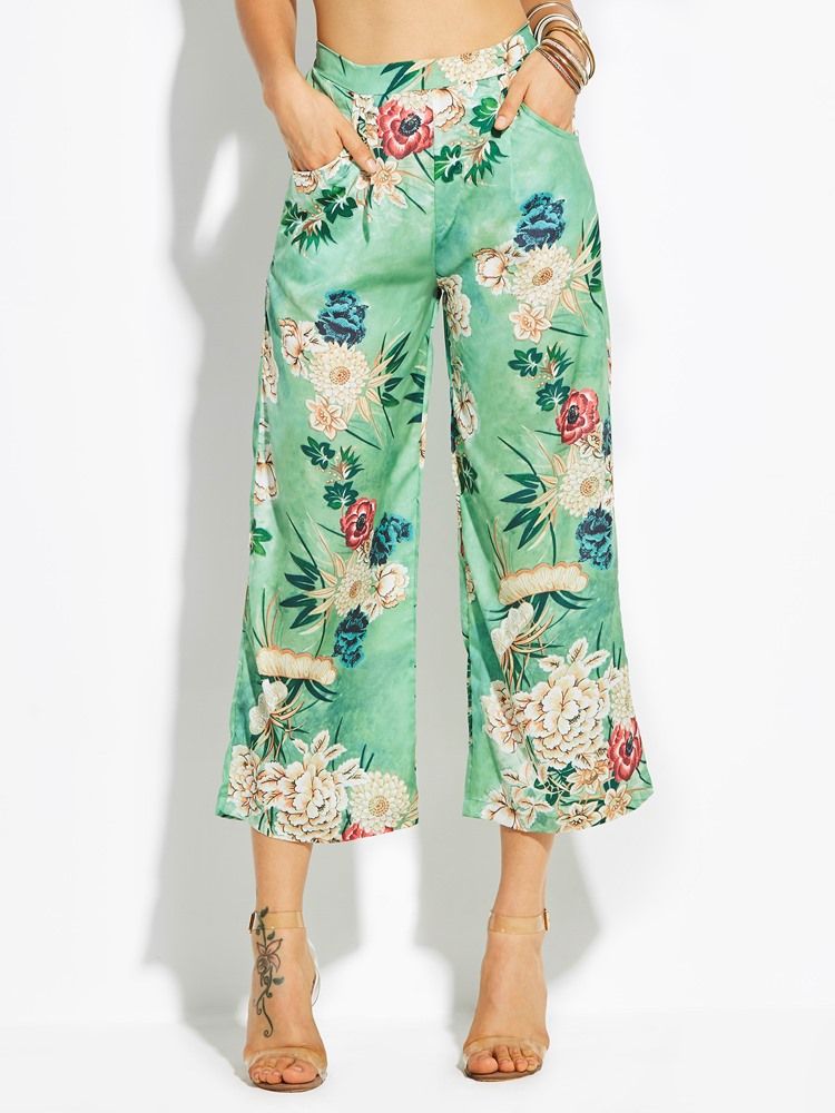 Loose Flower Print Wide Legs Bukser Til Kvinder