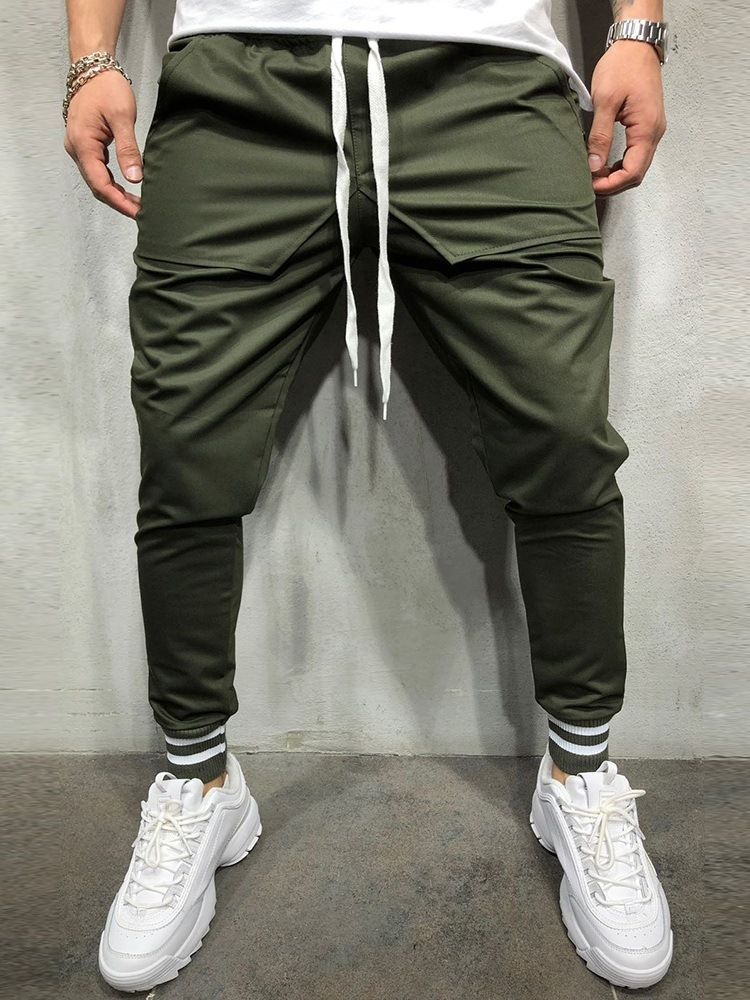 Olive Plain Lace Up Slim Mens Casual Sports Pencil Pants