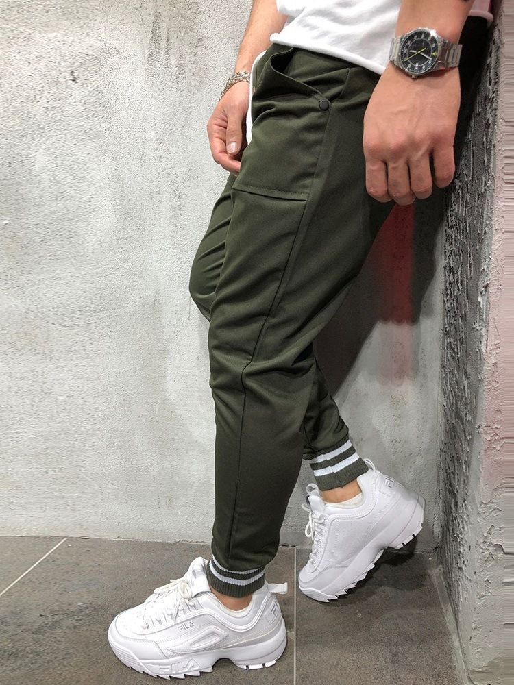 Olive Plain Lace Up Slim Mens Casual Sports Pencil Pants