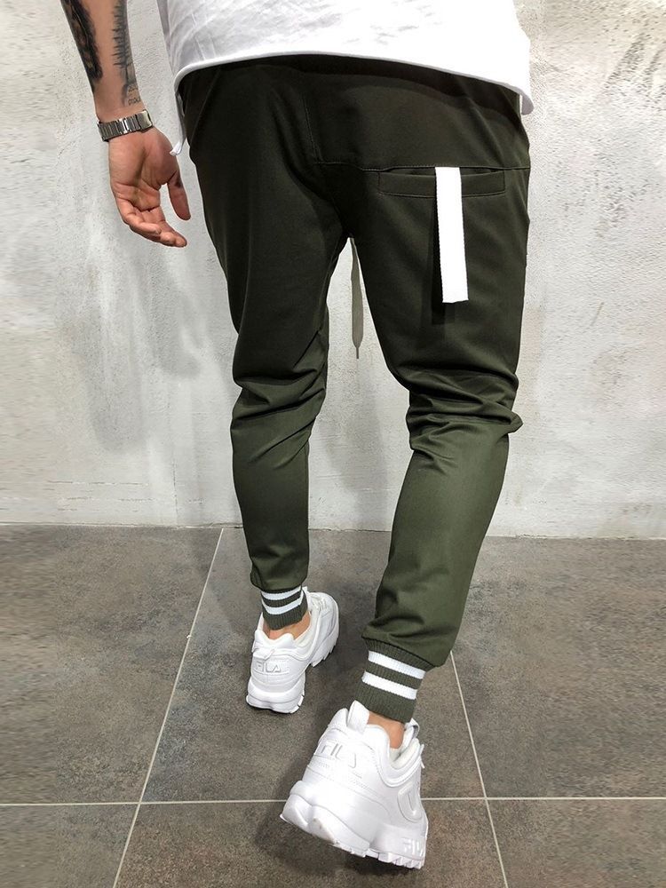 Olive Plain Lace Up Slim Mens Casual Sports Pencil Pants