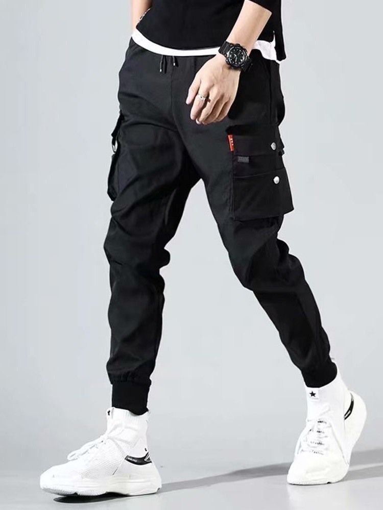 Overall Plain Pocket Mid Waist Lace-up Men's Casual Bukser