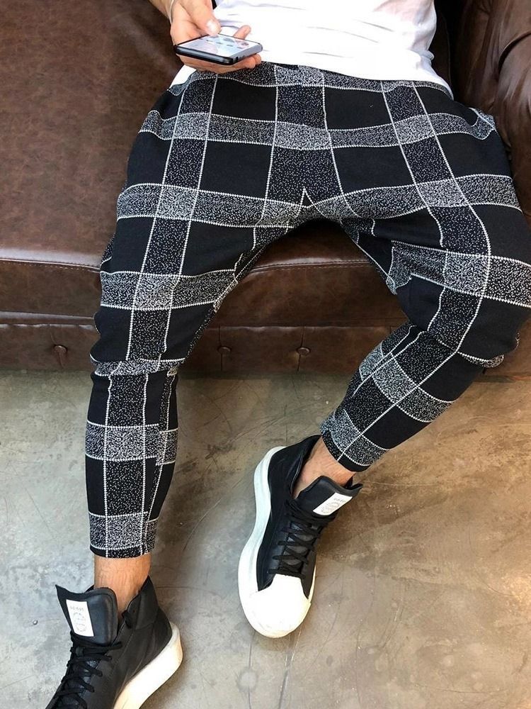 Pencil Plaid Print Mid Waist Style Herre Casual Bukser