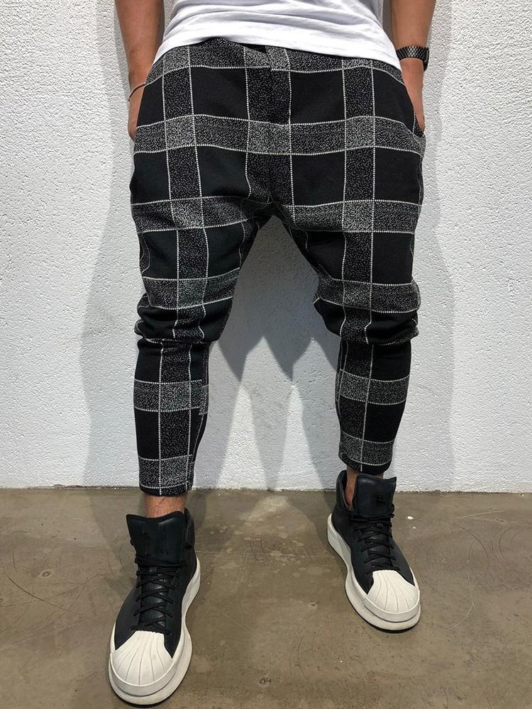 Pencil Plaid Print Mid Waist Style Herre Casual Bukser