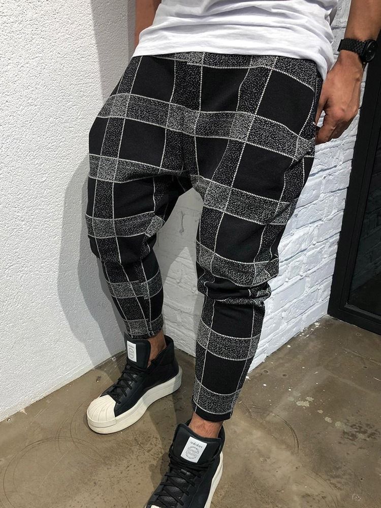 Pencil Plaid Print Mid Waist Style Herre Casual Bukser