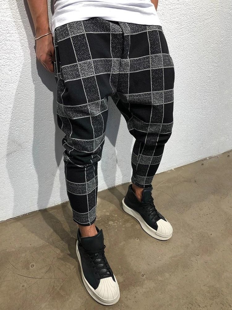 Pencil Plaid Print Mid Waist Style Herre Casual Bukser