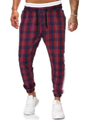 Plaid Print Mid Waist Herre Casual Bukser