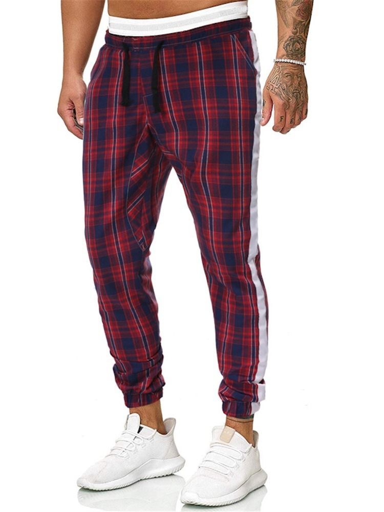 Plaid Print Mid Waist Herre Casual Bukser